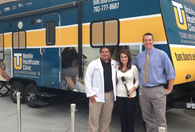 Tameem Sabry, Fox 5’s Shannon Moore and Taylor Hough, Touro University Nevada associate clinical coordinator