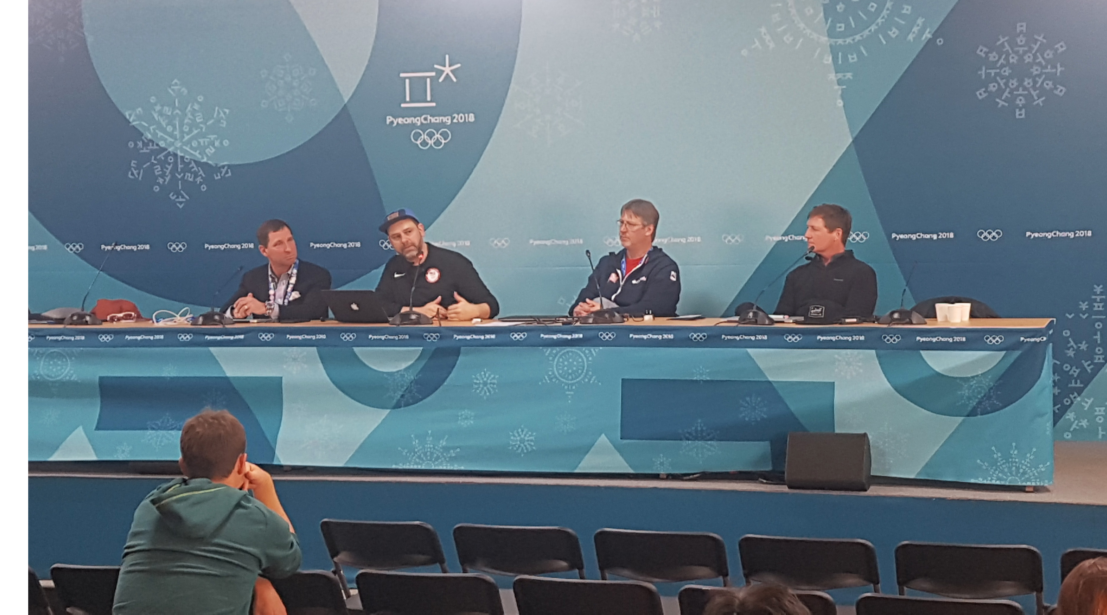 Dave Goltz, M.D.; Jeff Kutcher, M.D.; Wilkens; and Tom Hackett, M.D at the IOC panel discussion at the PyeongChang Olympics