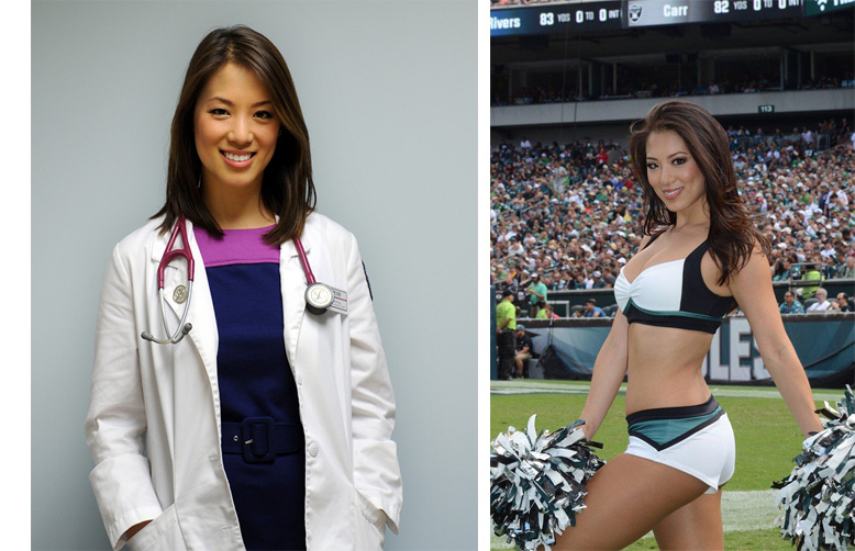 Snow Feng in her doctor's coat and in her cheerleader outfit