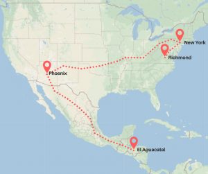 El mapa muestra el viaje de Honduras a Richmond