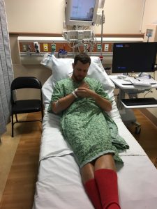 PA Kevin Schwartzel in the pre-op room before donating bone marrow