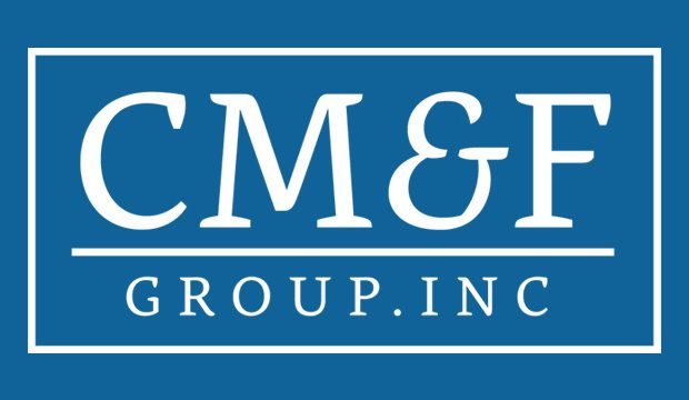 White CM&F logo on blue background
