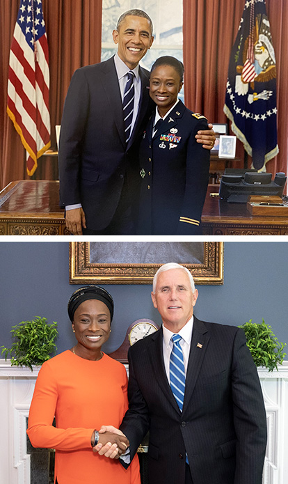 Saibatu Mansaray con el presidente Barack Obama y con el vicepresidente Mike Pence