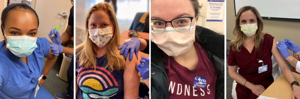 Tenbit Afework, PA-C, Arianna Sampson Campbell, PA-C, Erin Kennedy, PA-C, and Kristin Krobot, PA-C getting the vaccine