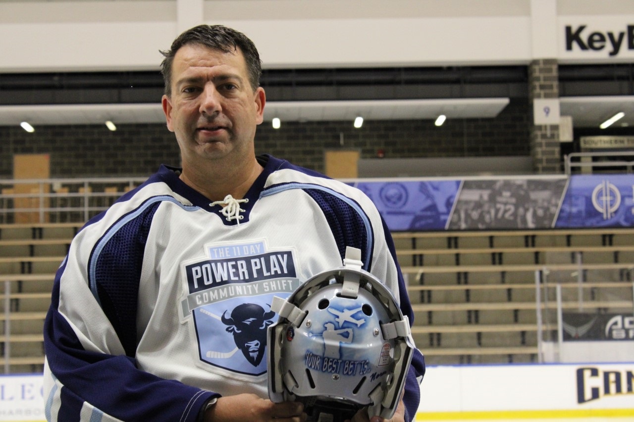PA (physician associate/physician assistant) Glenn Buczkowski memorializes his father, a cancer victim, on his hockey helmet.