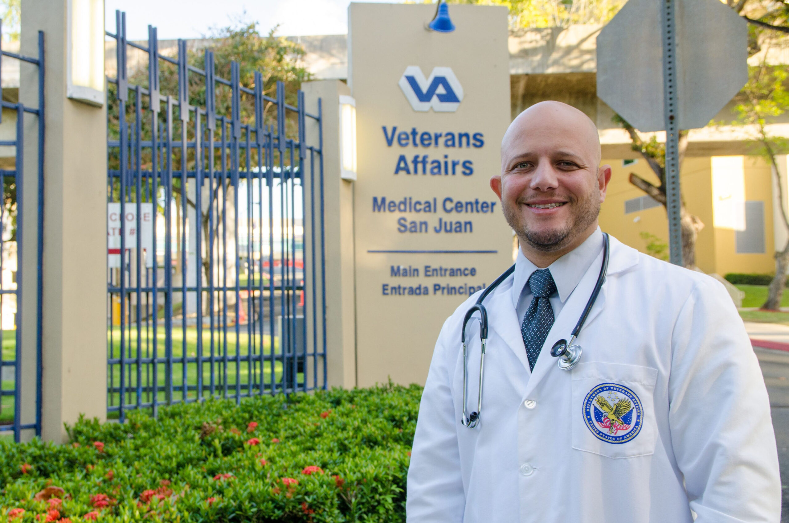 PA Josue Droz in front of the Veterans Affairs Medical Center in San Juan, Puerto Rico