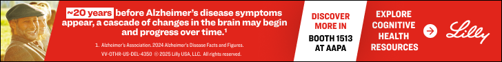Lilly ad about early Alzheimer’s changes (~20 years before symptoms). Visit booth 1513 at AAPA.