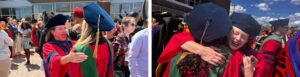Two photos from an academic graduation ceremony. Left: two women in red and blue graduation regalia with velvet tams embracing outdoors near a building. Right: a woman in red and green doctoral regalia laughing while embracing another person in red and gold regalia, with more robed graduates in the background under a blue sky.
